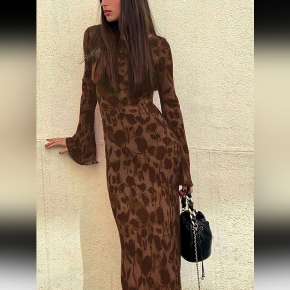 Elegant Brown Floral Dress